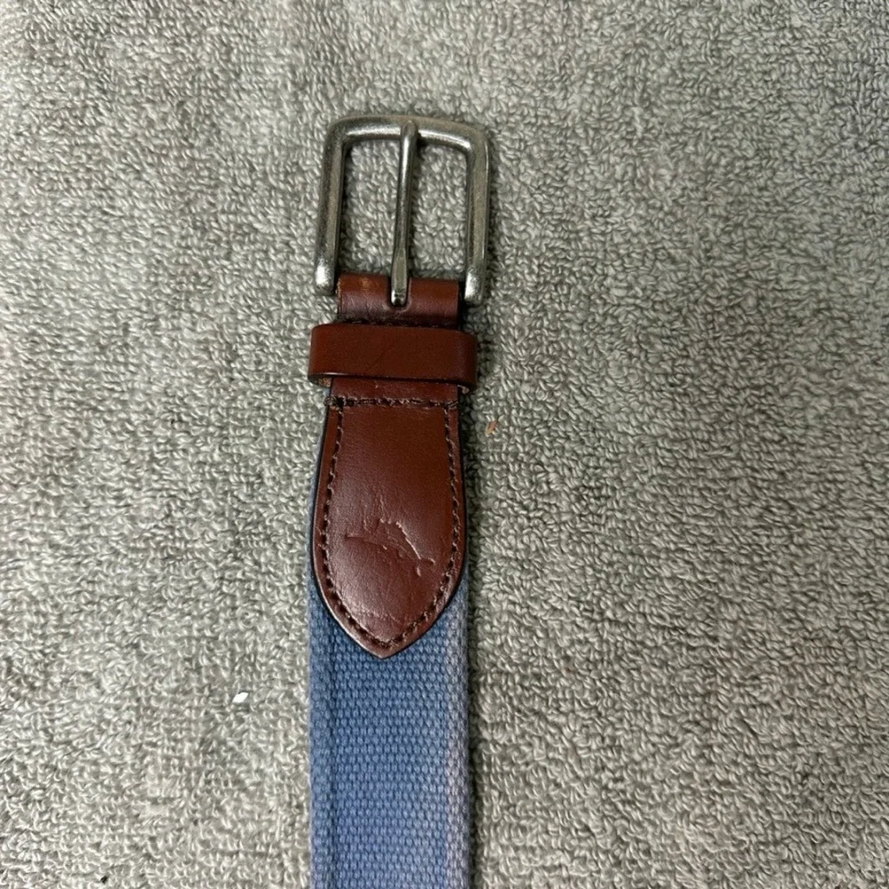 Tommy Bahama Mens XL 42-44 Blue Canvas Brown Leather Web Belt Marlin Logo